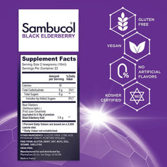 Sambucol primer plano de la etiqueta con ingredientes y certificaciones claras