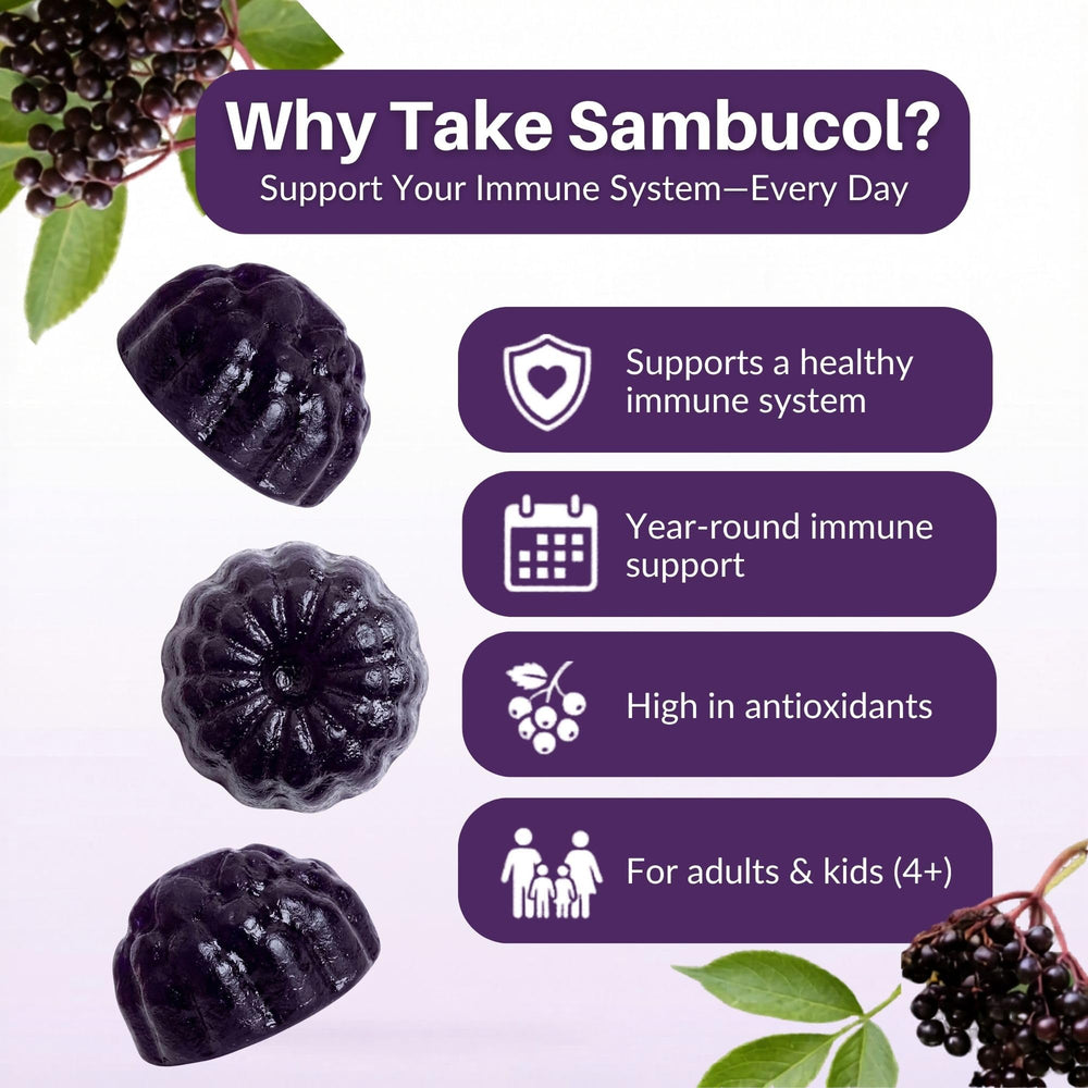 Sambucol etiqueta visible con lista de ingredientes y vitaminas