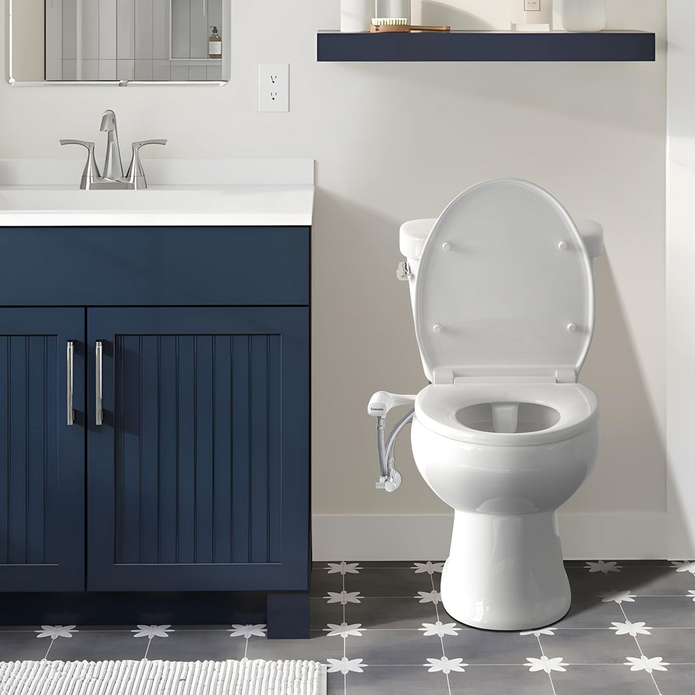 SAMODRA installed on toilet side view demonstrating compact, clean integration
