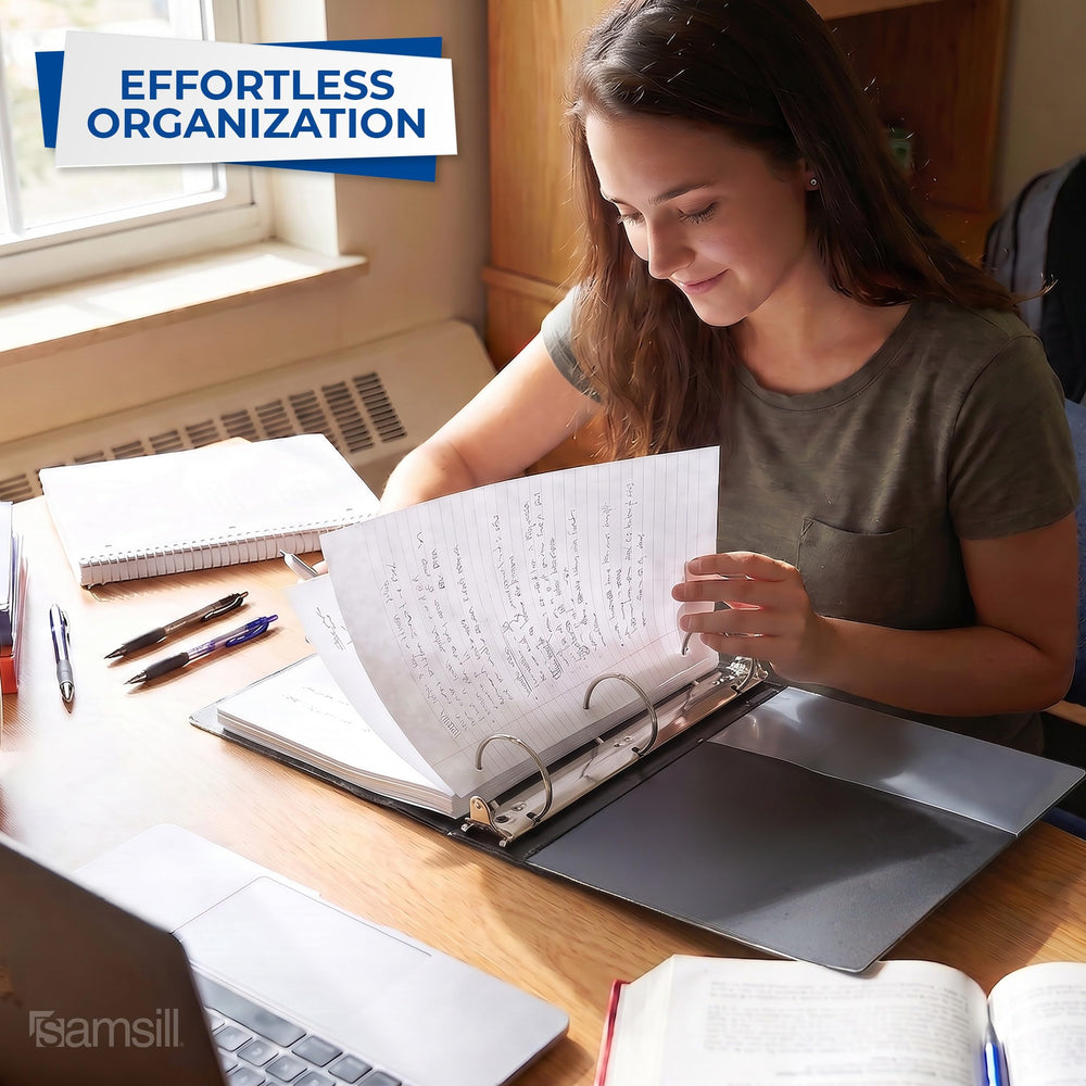 Samsill binder on classroom table organizing student handouts and projects