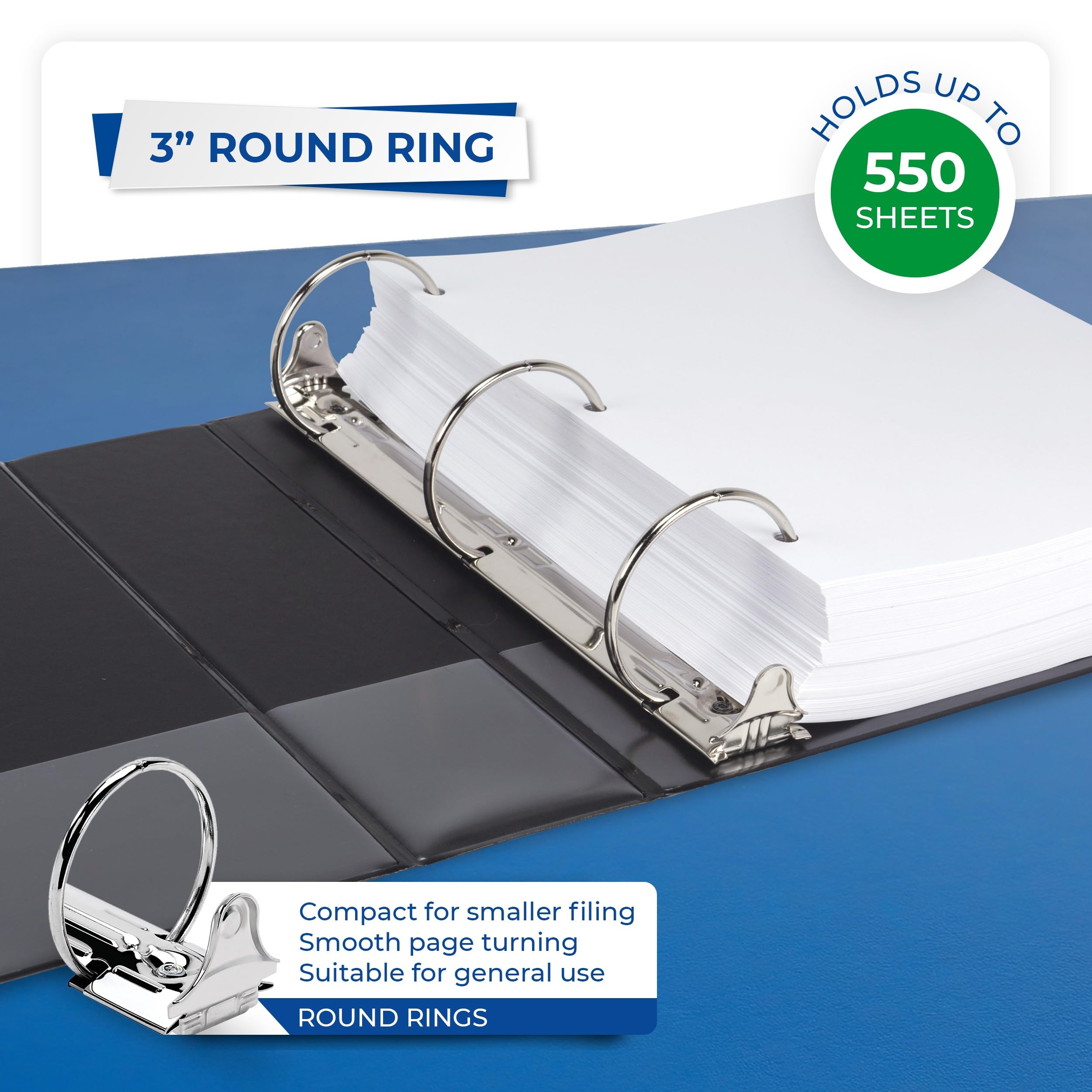 Samsill binder opened flat to show rivetless spine and easy writing
