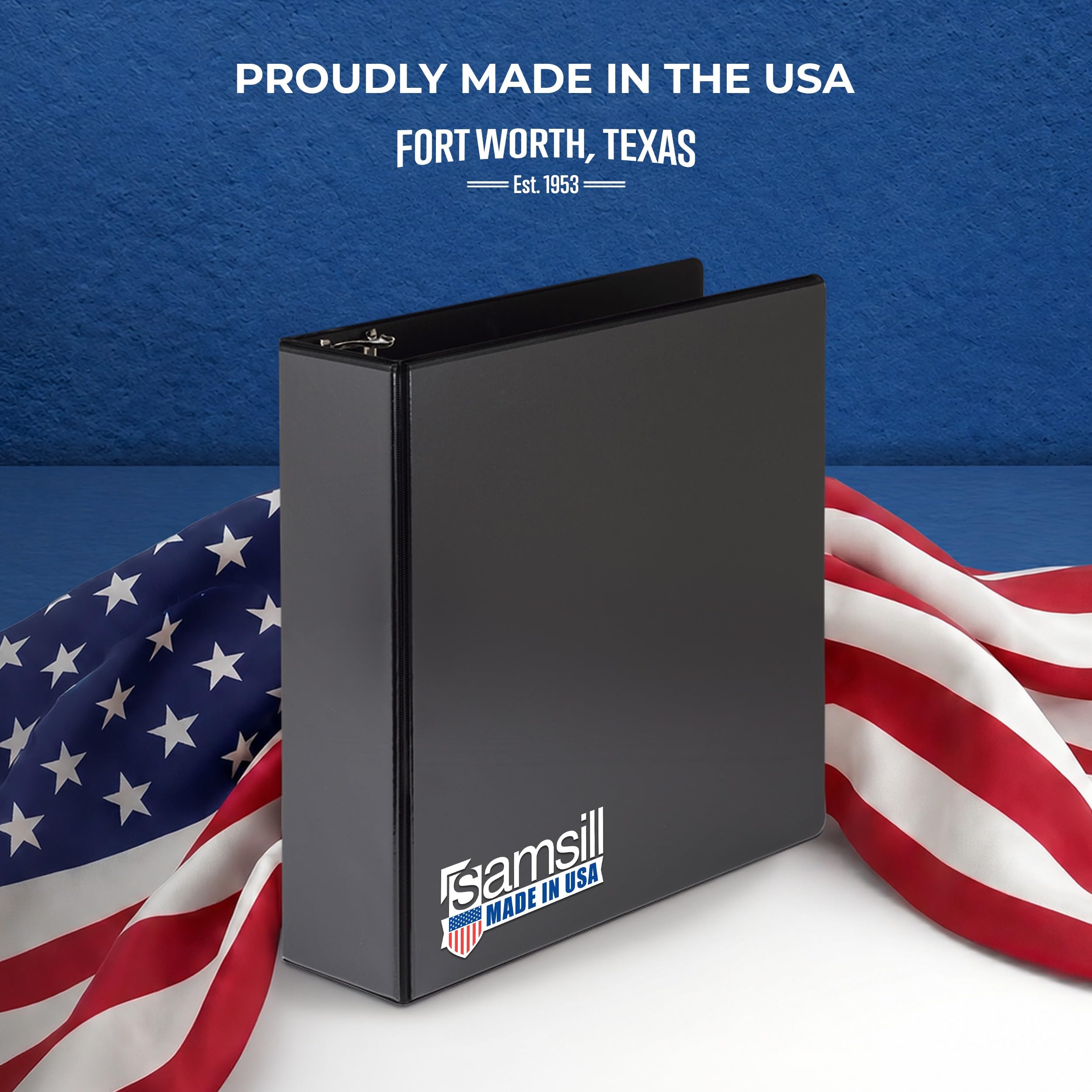 Samsill binder beside notebook for scale showing 3-inch capacity