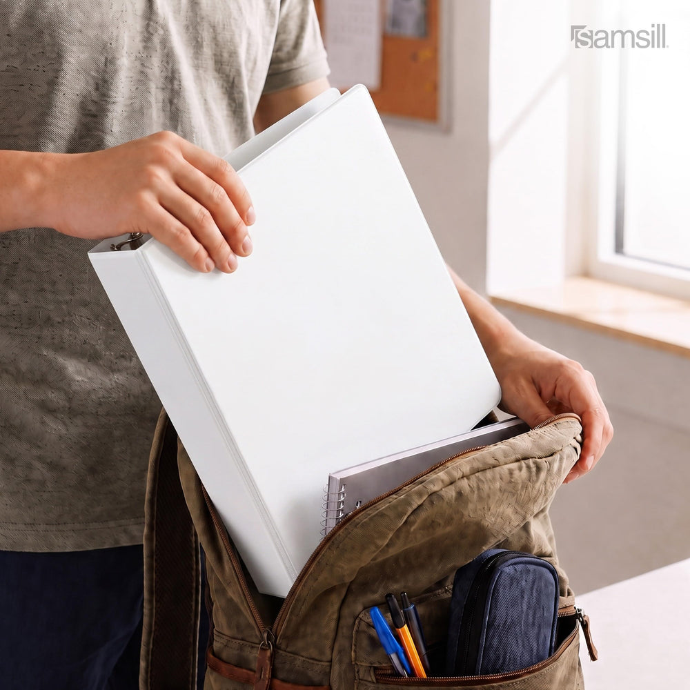 Samsill binder on a tidy desk with pen and laptop showcasing office-ready presentation