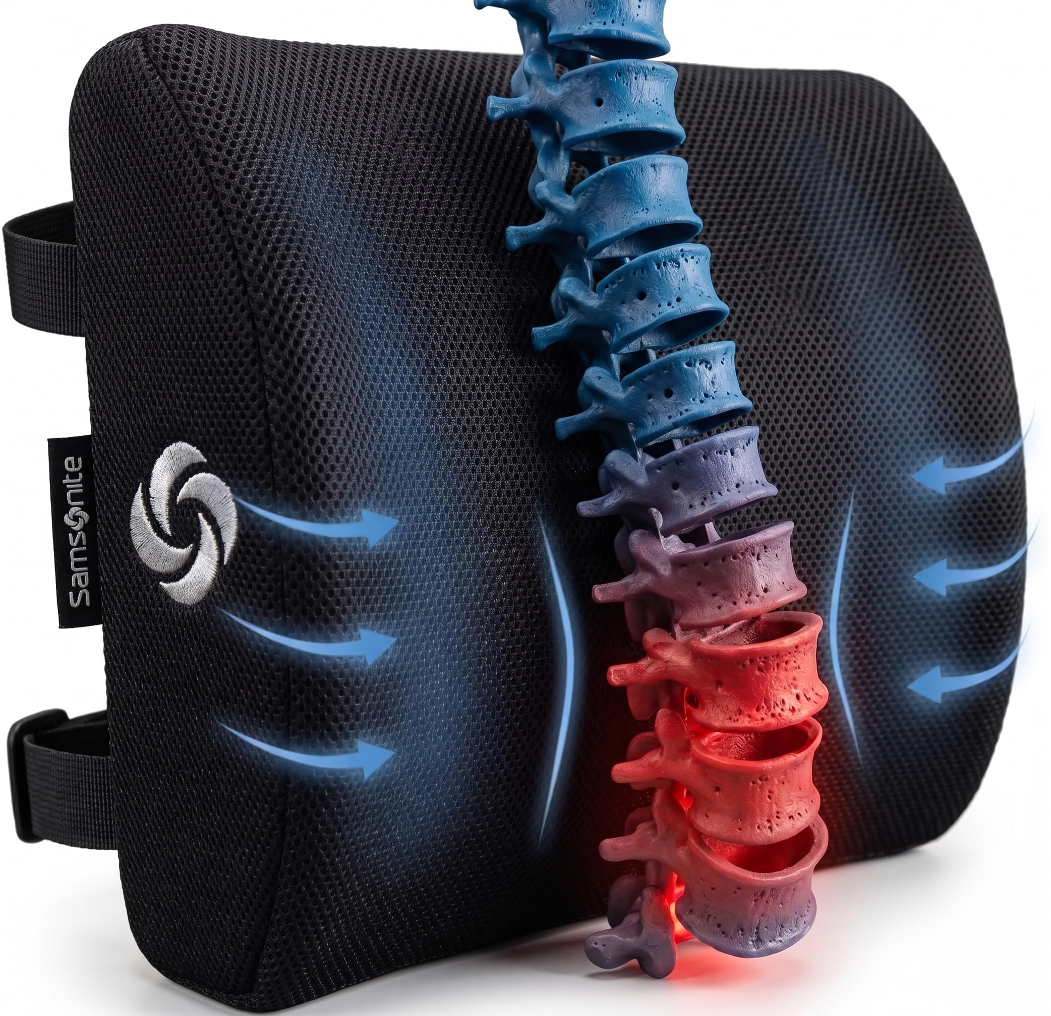 Samsonite front view of lumbar pillow showing ergonomic curve and support