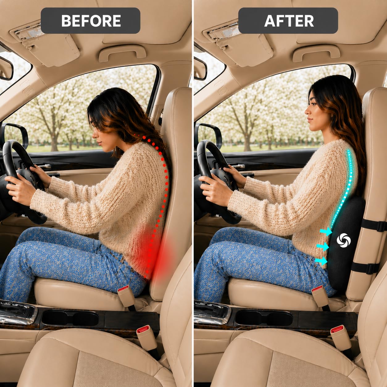 Samsonite lumbar cushion fitted in car seat for driving comfort