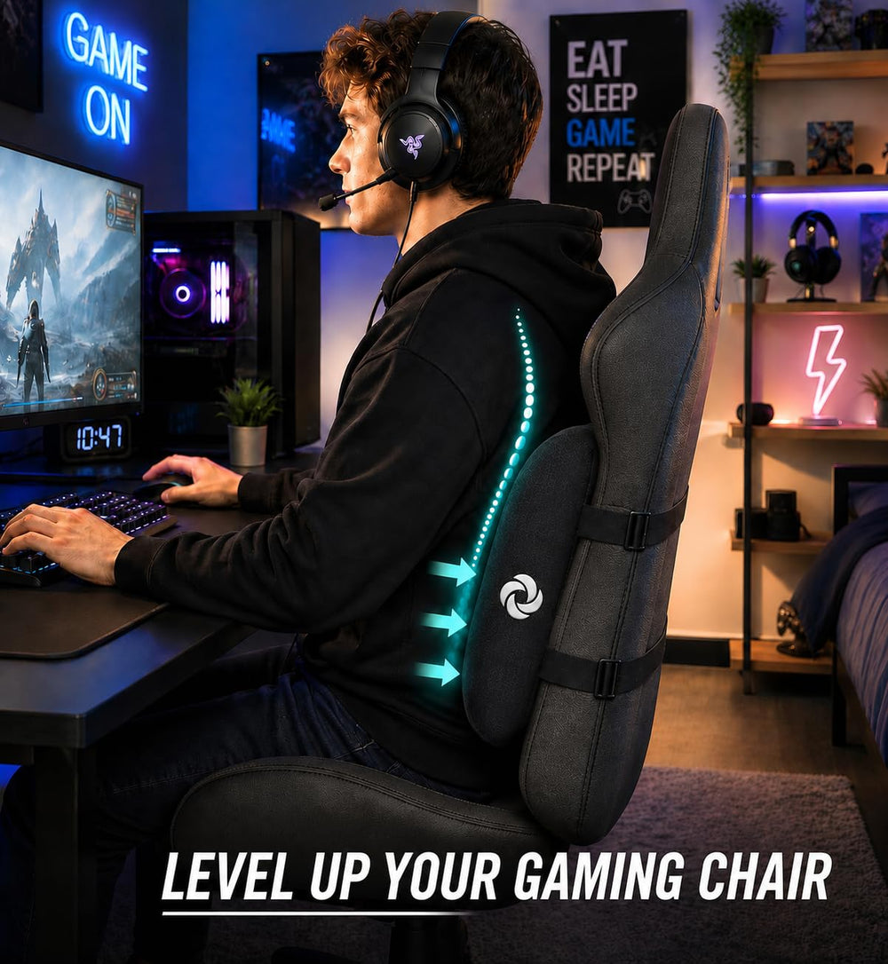 Samsonite pillow mounted on office chair improving desk posture