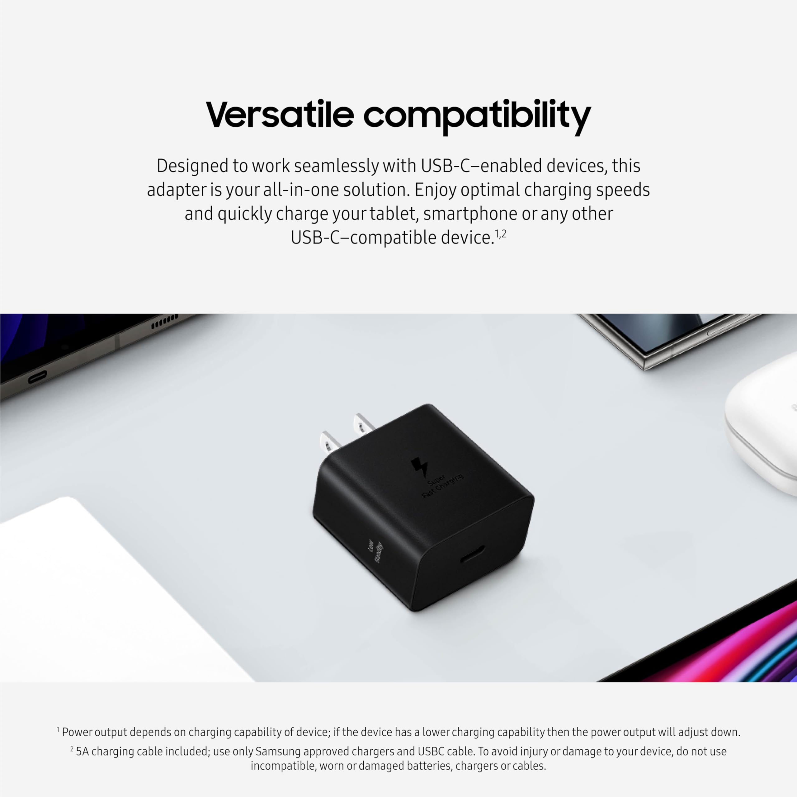 Samsung cargador 45W comparación de tamaño, compacto para llevar de viaje