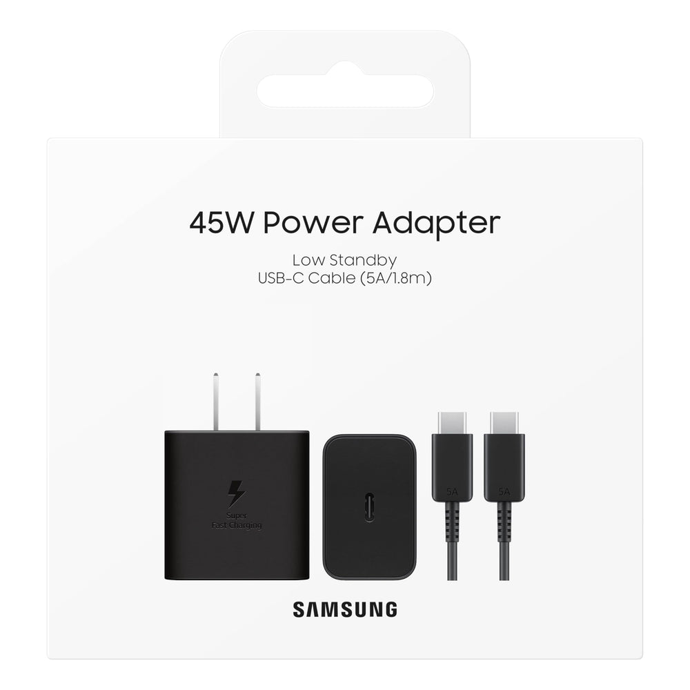 Samsung cargador 45W embalaje y etiqueta, información y especificaciones claras