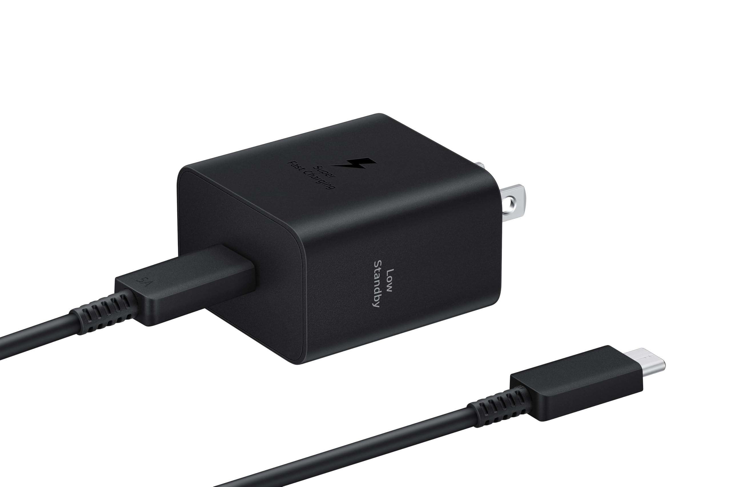 Samsung cargador 45W vista frontal, diseño compacto y carga rápida