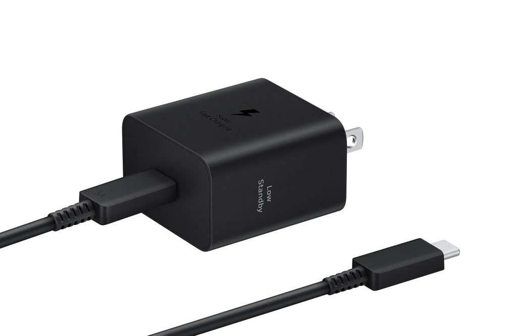 Samsung cargador 45W vista frontal, diseño compacto y carga rápida