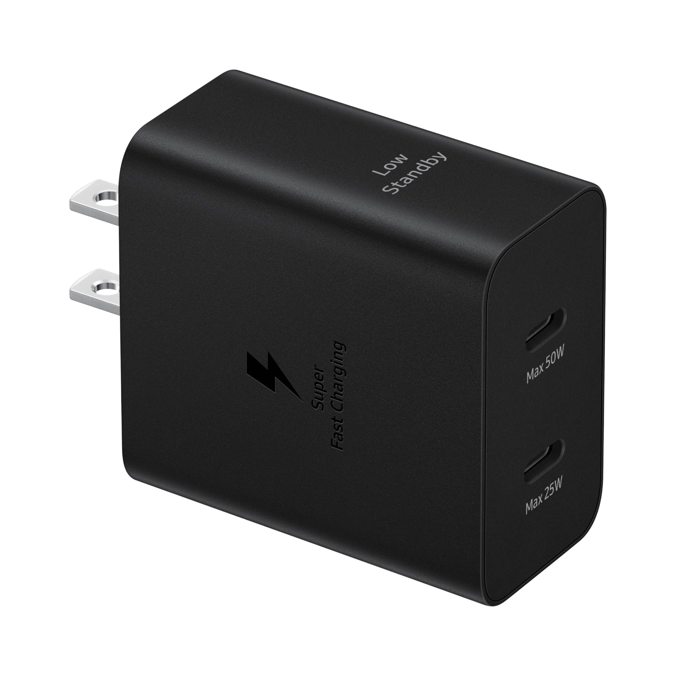 Samsung cargador frontal negro mostrando diseño compacto y carga dual