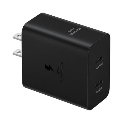 Samsung cargador frontal negro mostrando diseño compacto y carga dual
