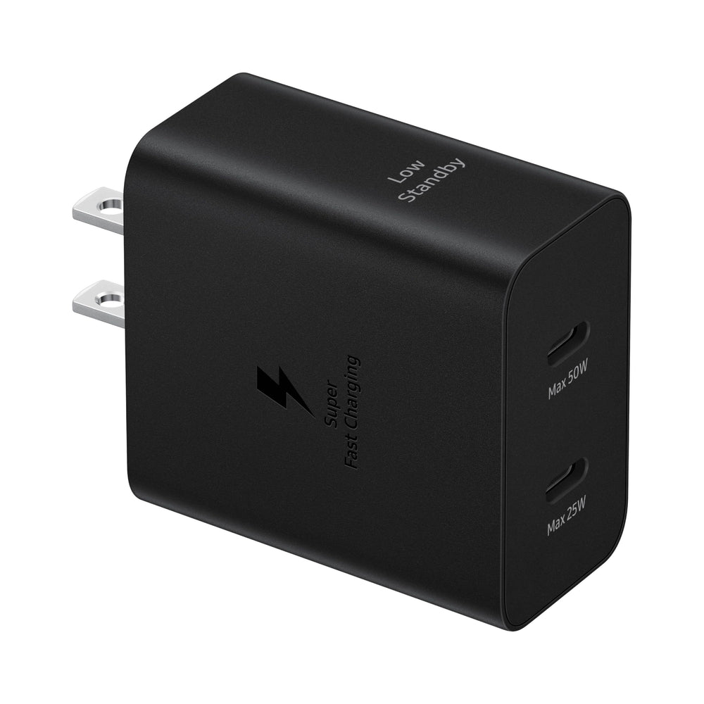 Samsung cargador frontal negro mostrando diseño compacto y carga dual