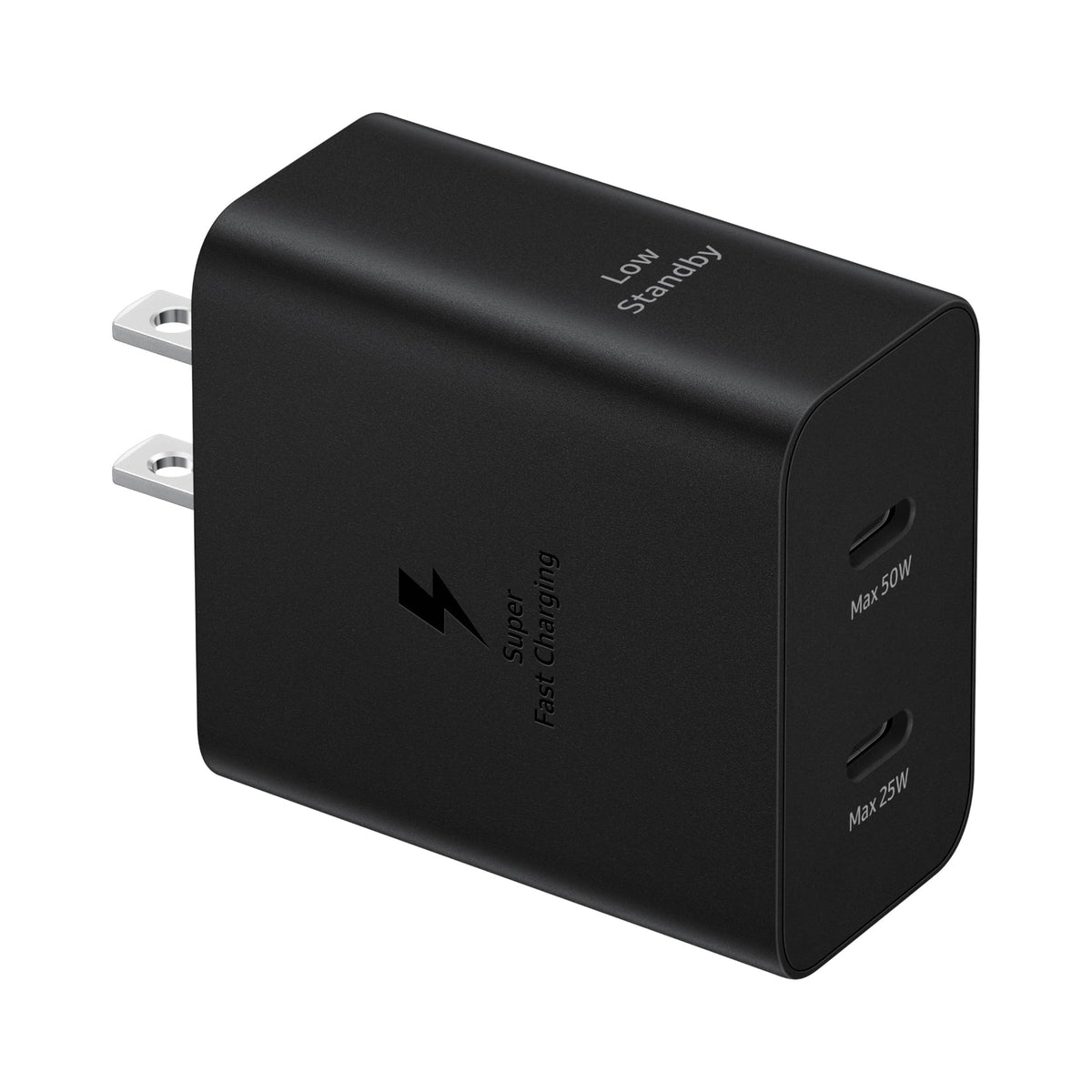 Samsung cargador frontal negro mostrando diseño compacto y carga dual