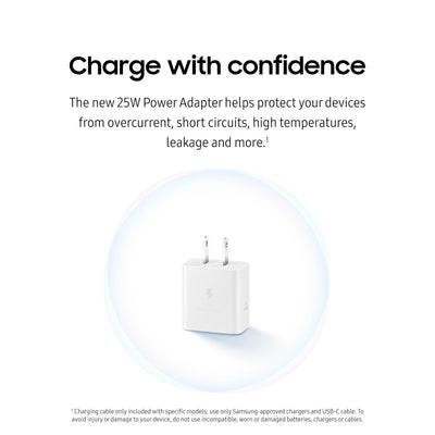 Samsung adaptador 25W cable USB‑C conectado mostrando carga rápida