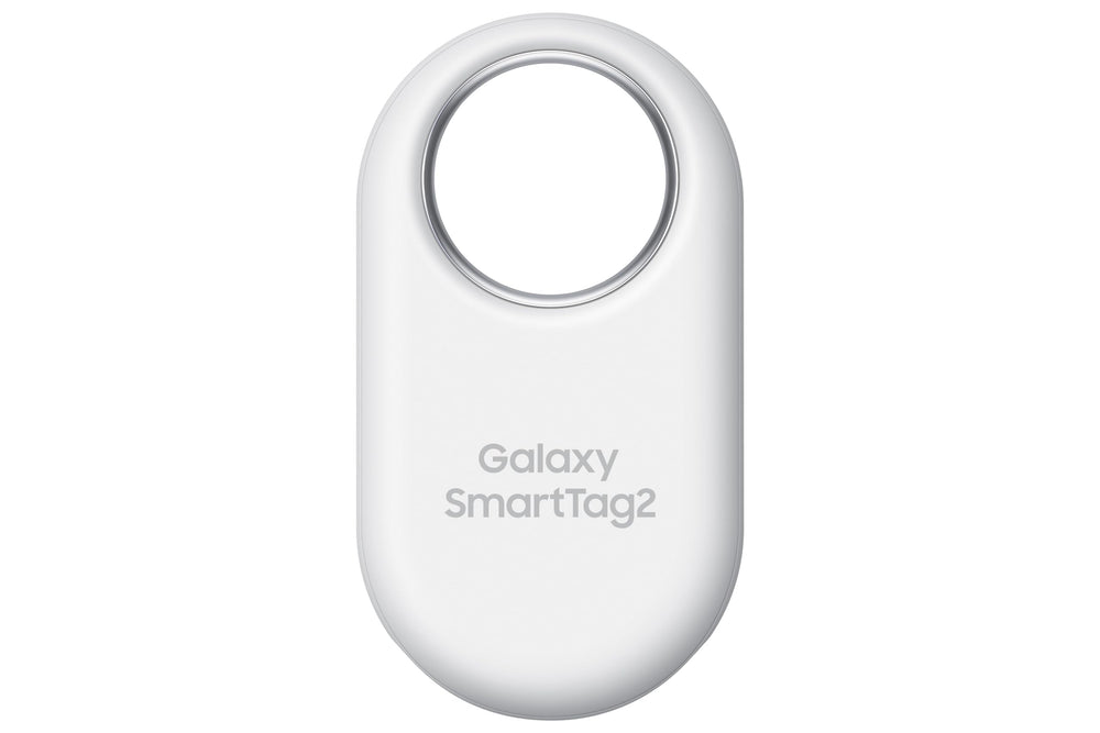 Samsung SmartTag2 front view showing compact design and attachment hole benefit locating items