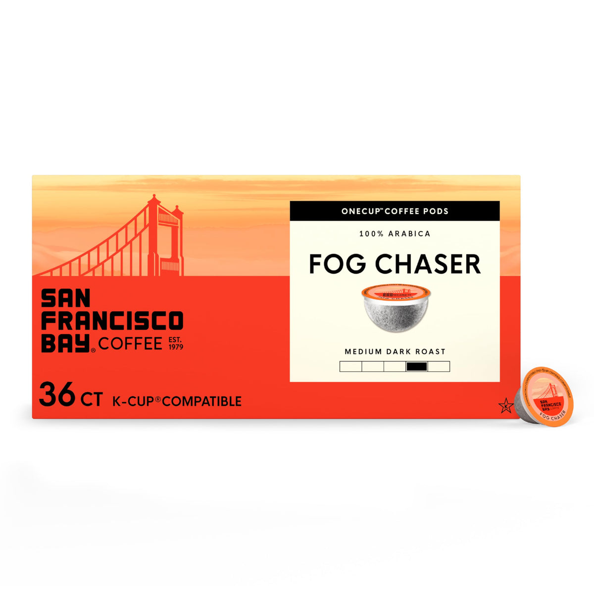 San Francisco Bay front packaging showing Fog Chaser pods and clear roast benefit