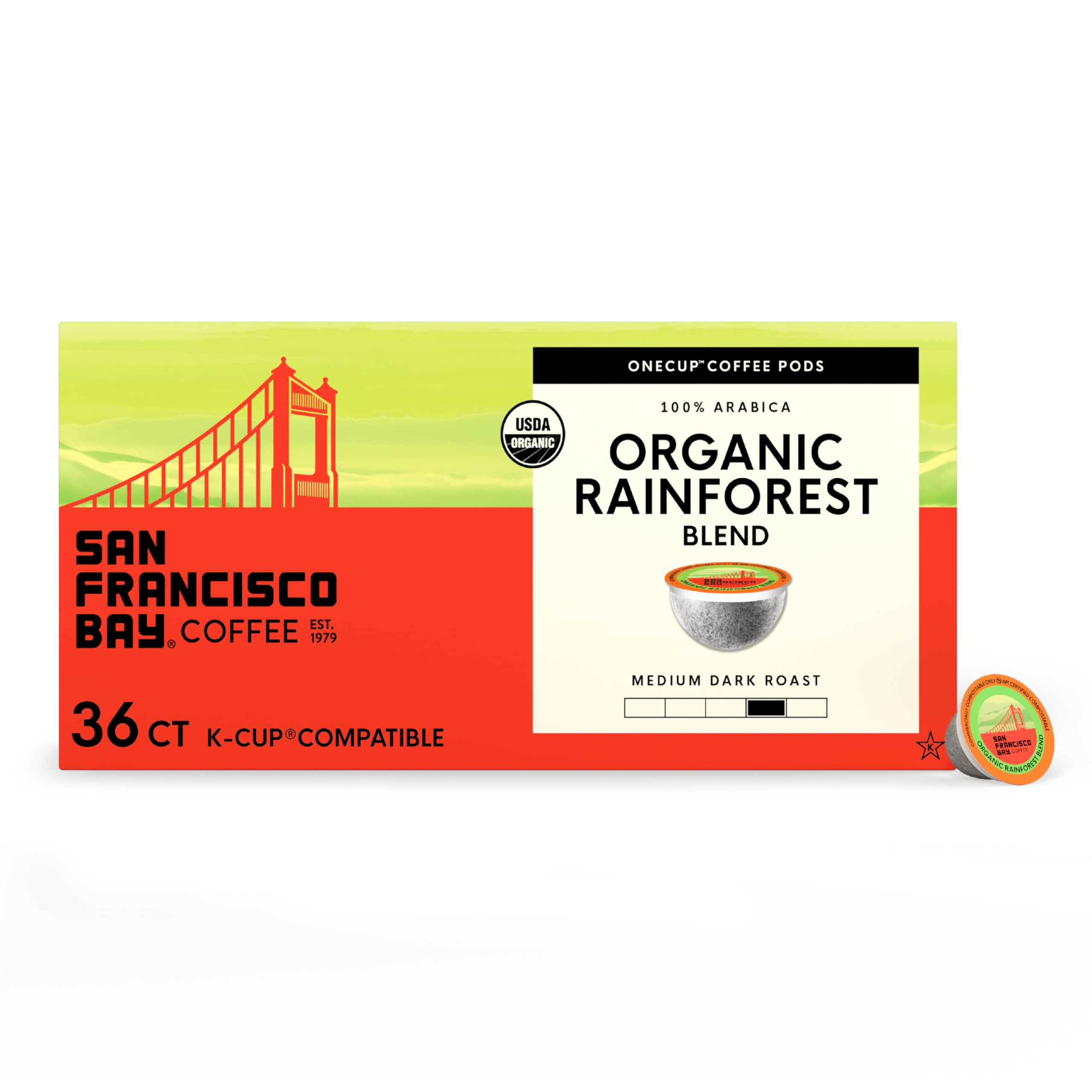 San Francisco Bay front packaging showing 36 ct box and organic badge for easy choice