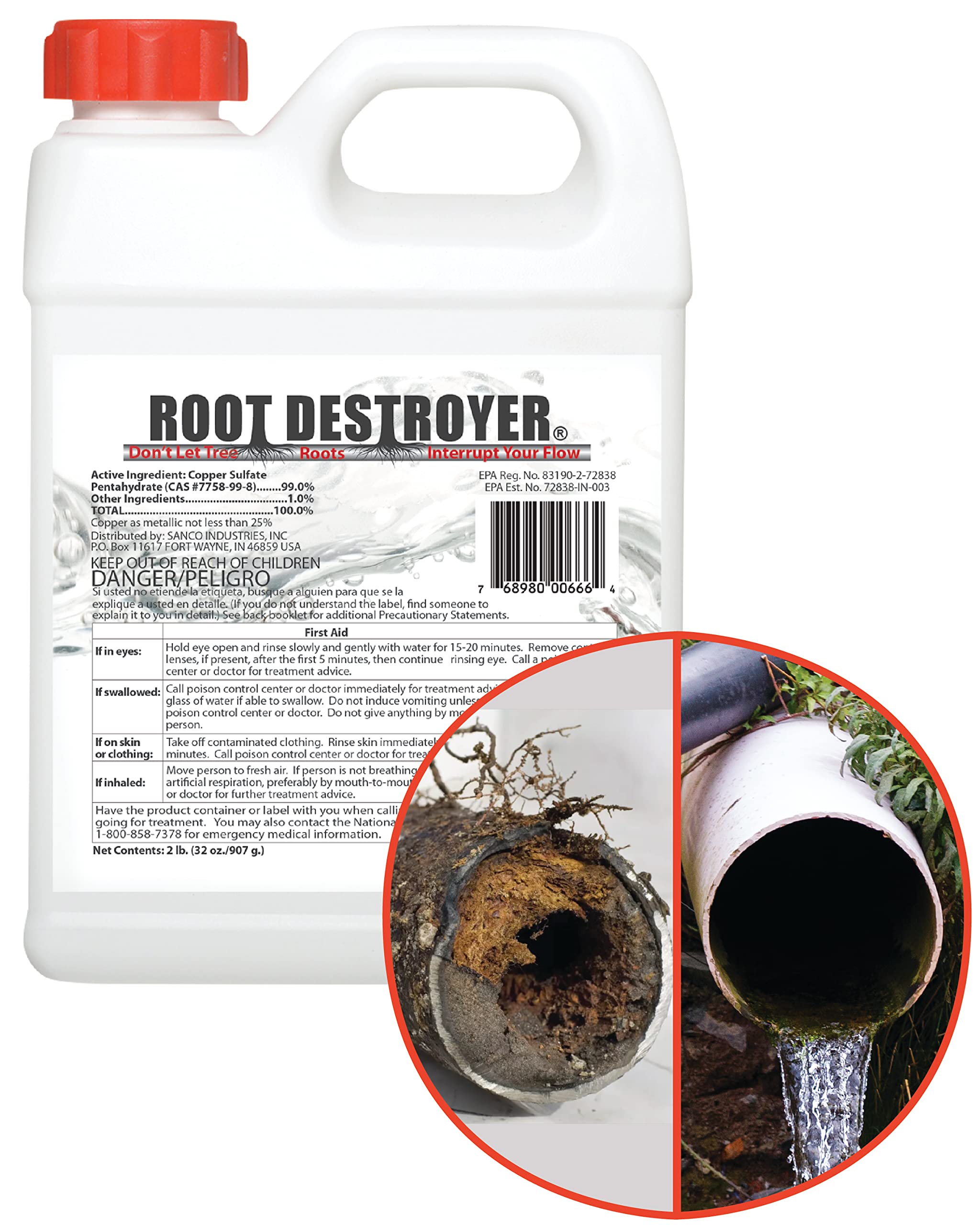 Sanco Industries envase frontal Root Destroyer mostrando presentación 2 lb y uso claro