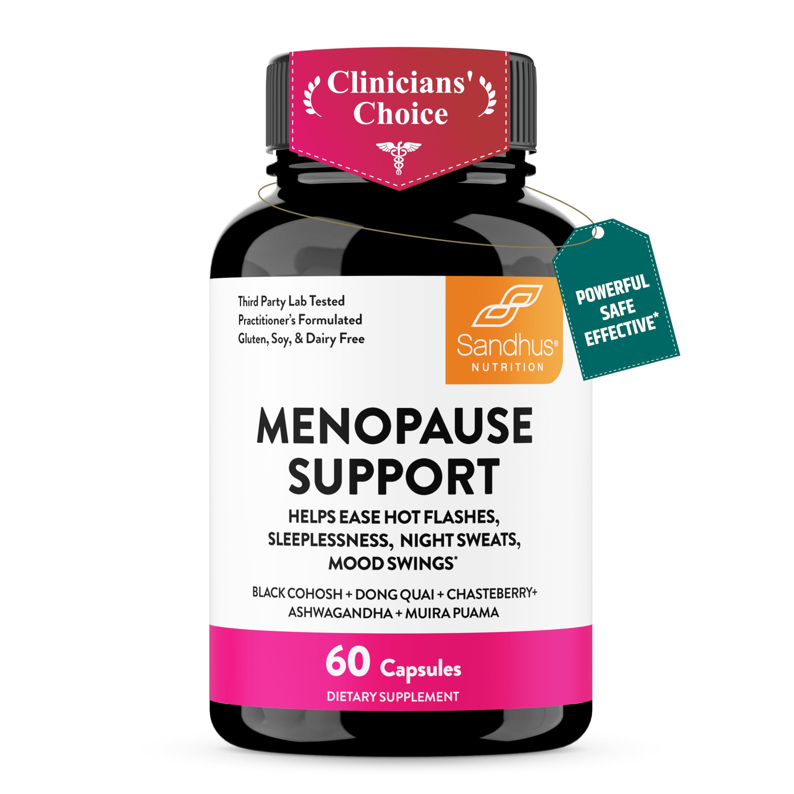 Sandhu's frasco frente mostrando etiqueta clara y beneficio menopausia