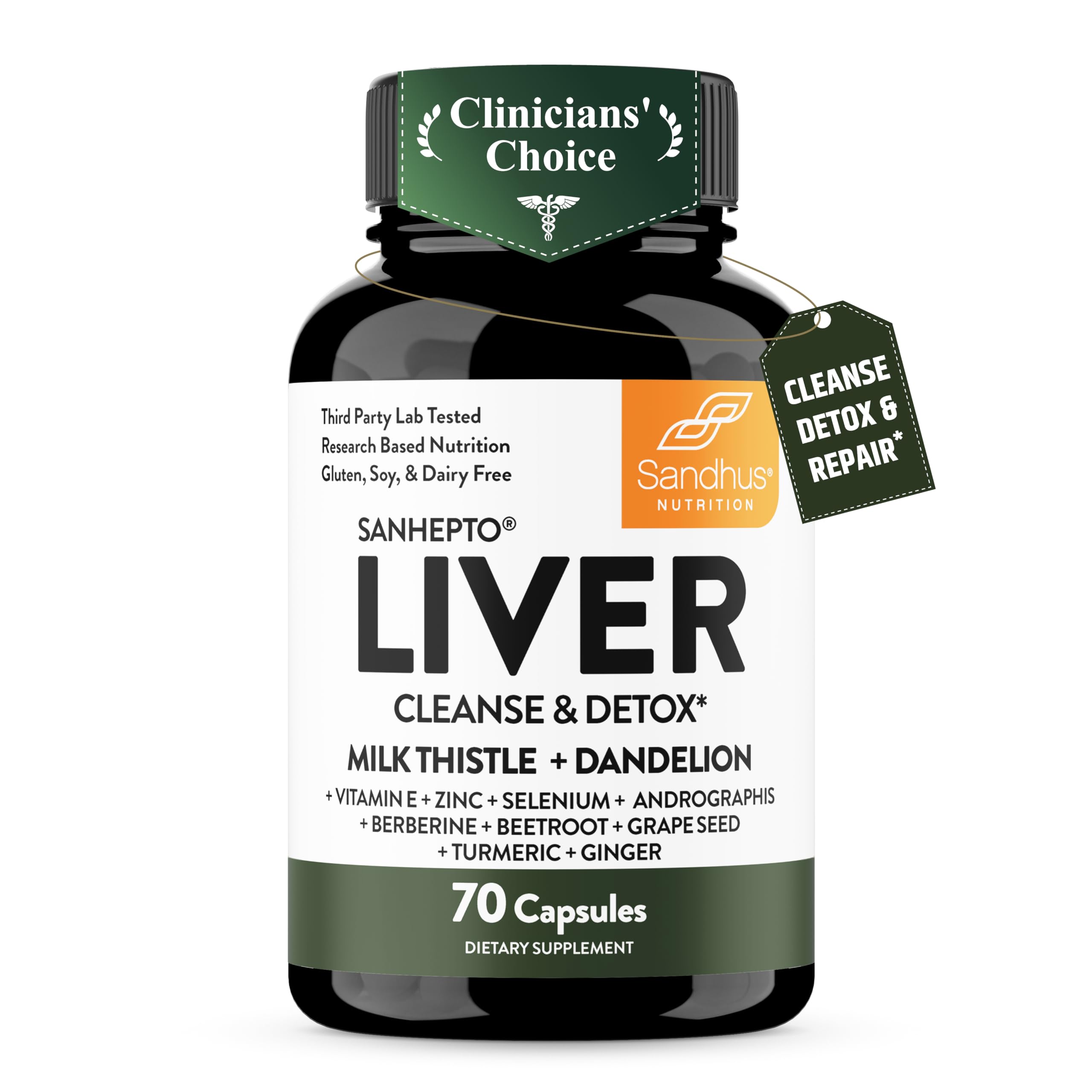 Sandhu's frasco frontal de Liver Cleanse mostrando etiqueta y beneficio hepático