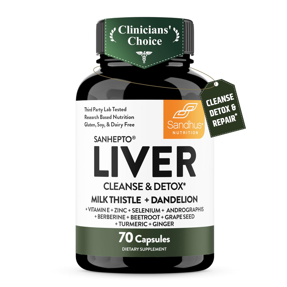 Sandhu's frasco frontal de Liver Cleanse mostrando etiqueta y beneficio hepático