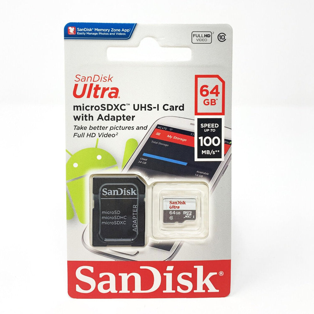 Primer plano de la superficie de la microSD SanDisk 64GB, diseño compacto y resistente