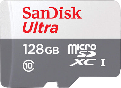 SanDisk tarjeta microSD 128GB frontal del paquete mostrando compatibilidad con Fire