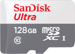 SanDisk tarjeta microSD 128GB frontal del paquete mostrando compatibilidad con Fire