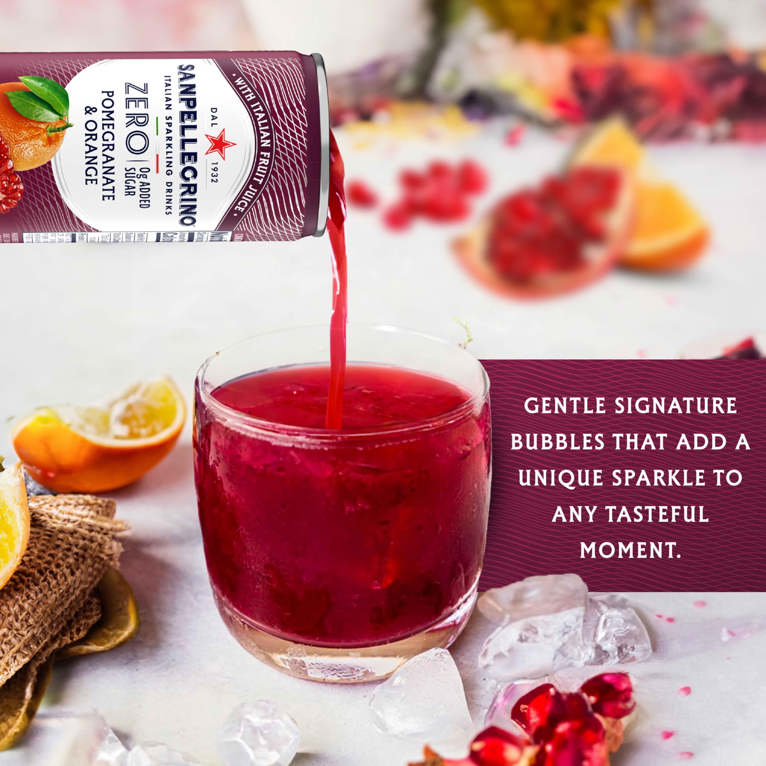 Sanpellegrino lata abierta con espuma que sugiere servicio inmediato y refresco