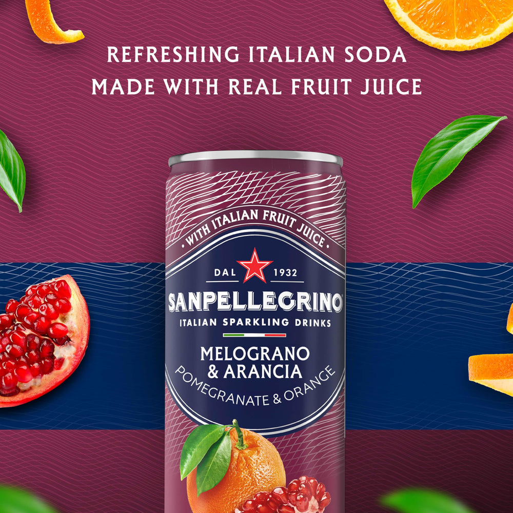 Sanpellegrino detalle de etiqueta que resalta jugo de naranja y granada