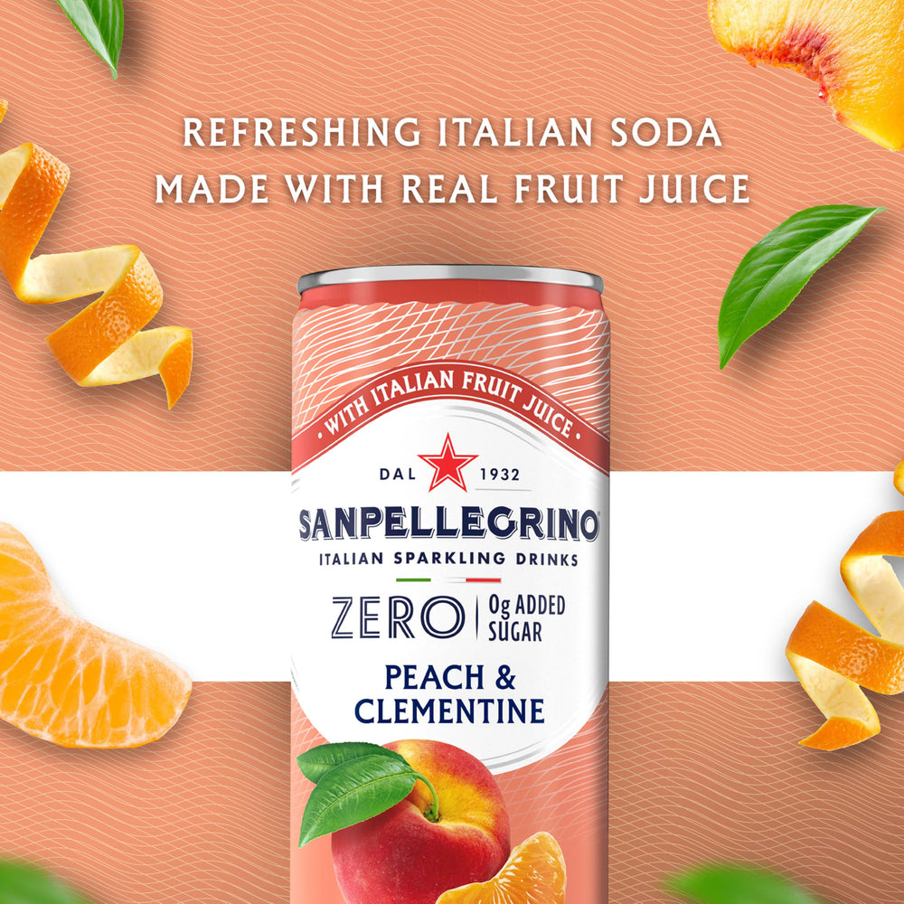 San Pellegrino detalle de la etiqueta de la lata mostrando sabor Peach Clementine