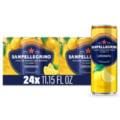 Sanpellegrino lata frontal del pack mostrando etiqueta y sabor limón, refresco auténtico