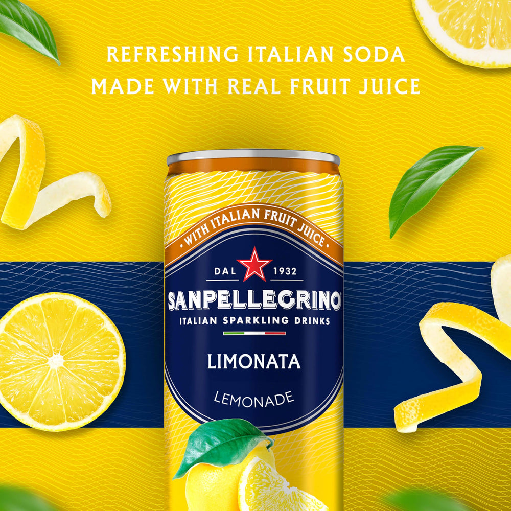 Sanpellegrino detalle de lata y textura metálica destacando calidad y diseño italiano