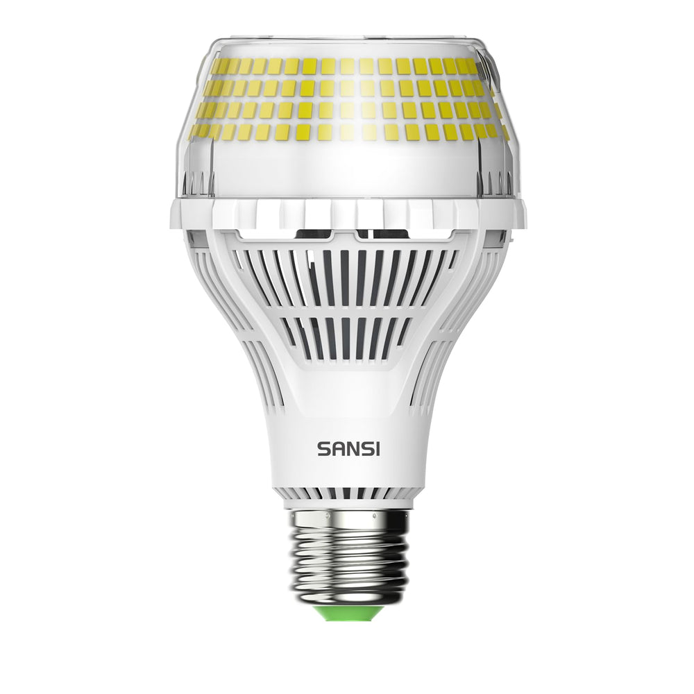 SANSI bombilla frontal mostrando diseño y beneficio de luz brillante