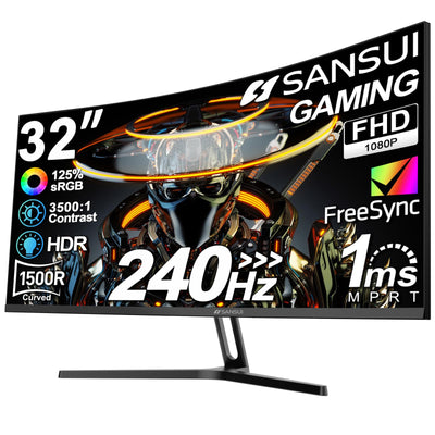 SANSUI 32-inch curved front view showing immersive screen and fast refresh benefit