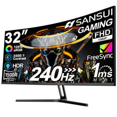 SANSUI 32-inch curved front view showing immersive screen and fast refresh benefit