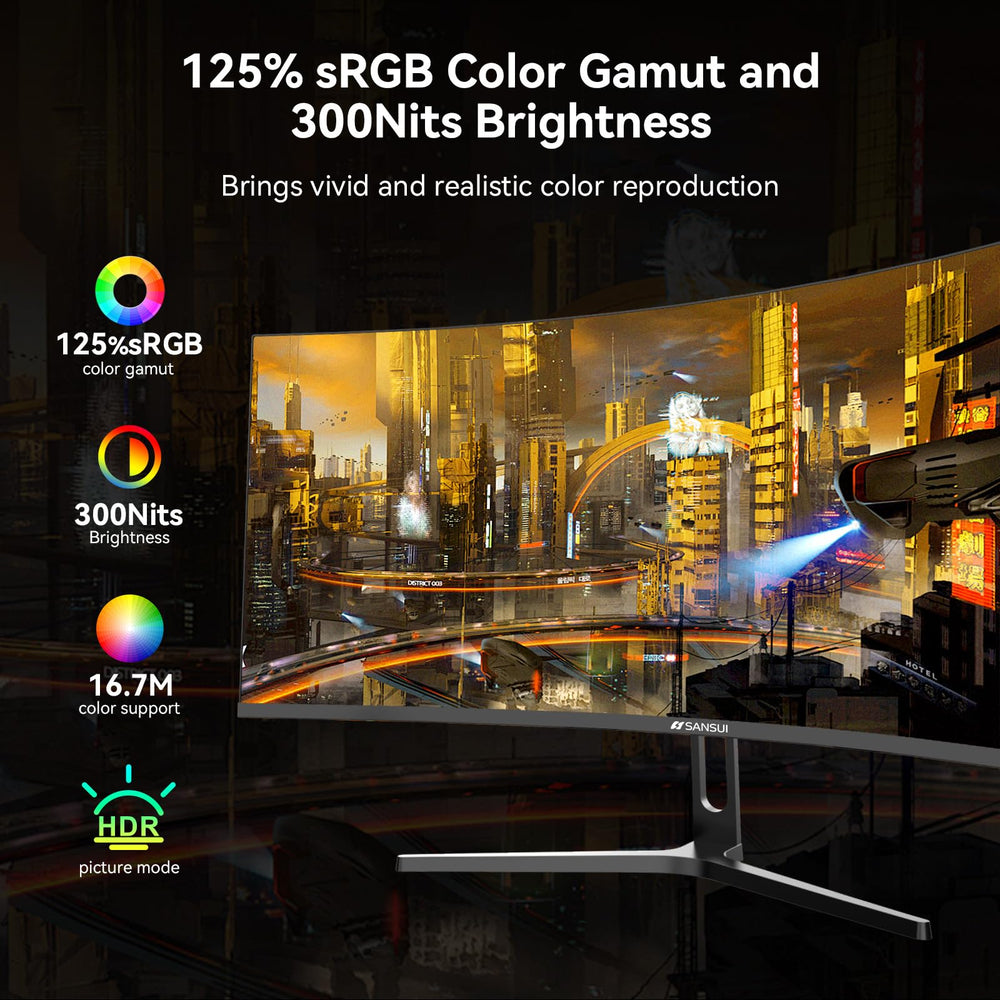 SANSUI monitor in a gaming desk setup conveying immersion and desktop presence