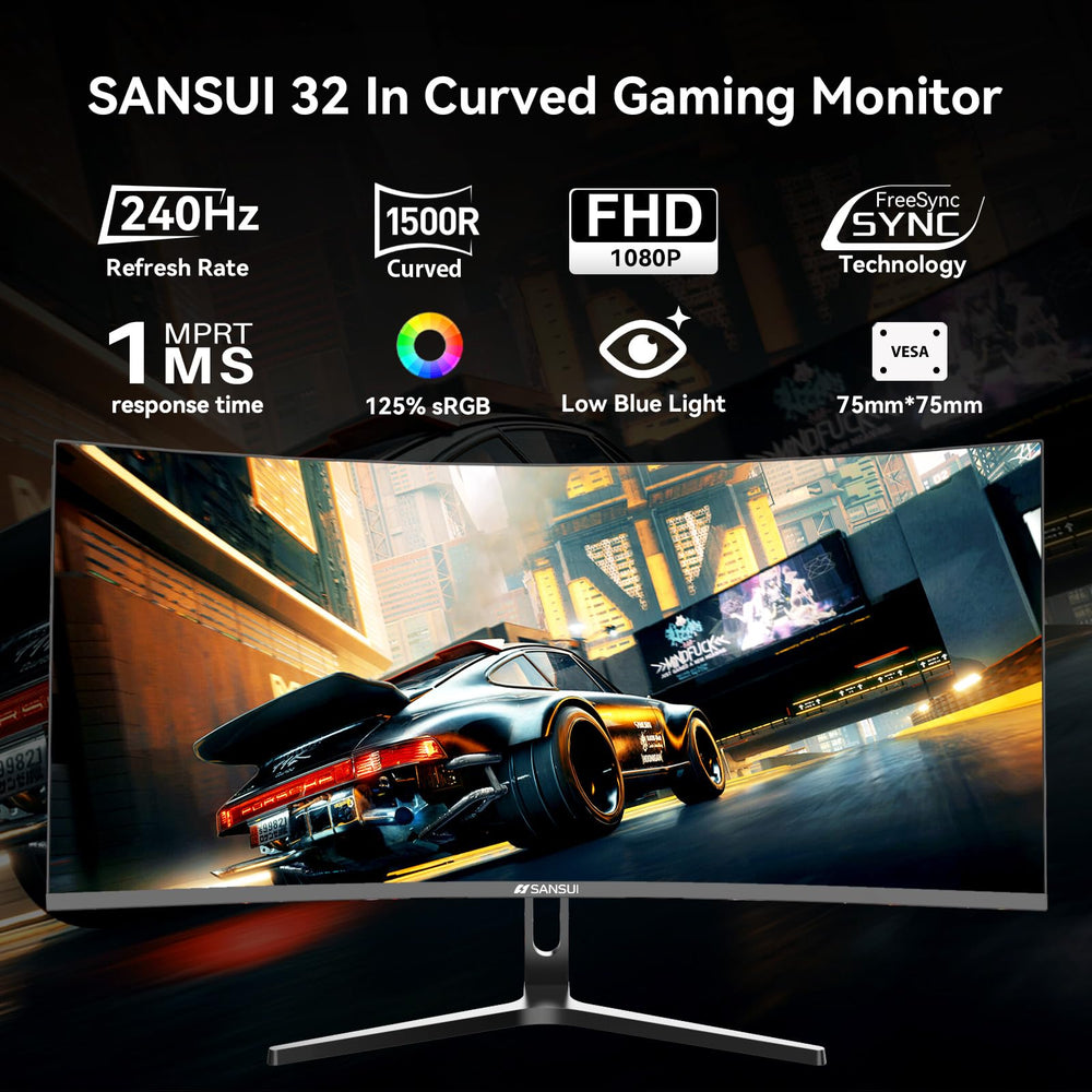 SANSUI monitor next to keyboard illustrating 32-inch scale for improved visibility