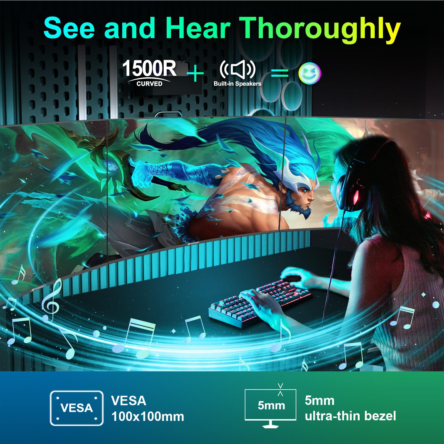 SANSUI built-in speakers visible on monitor delivering convenient everyday audio