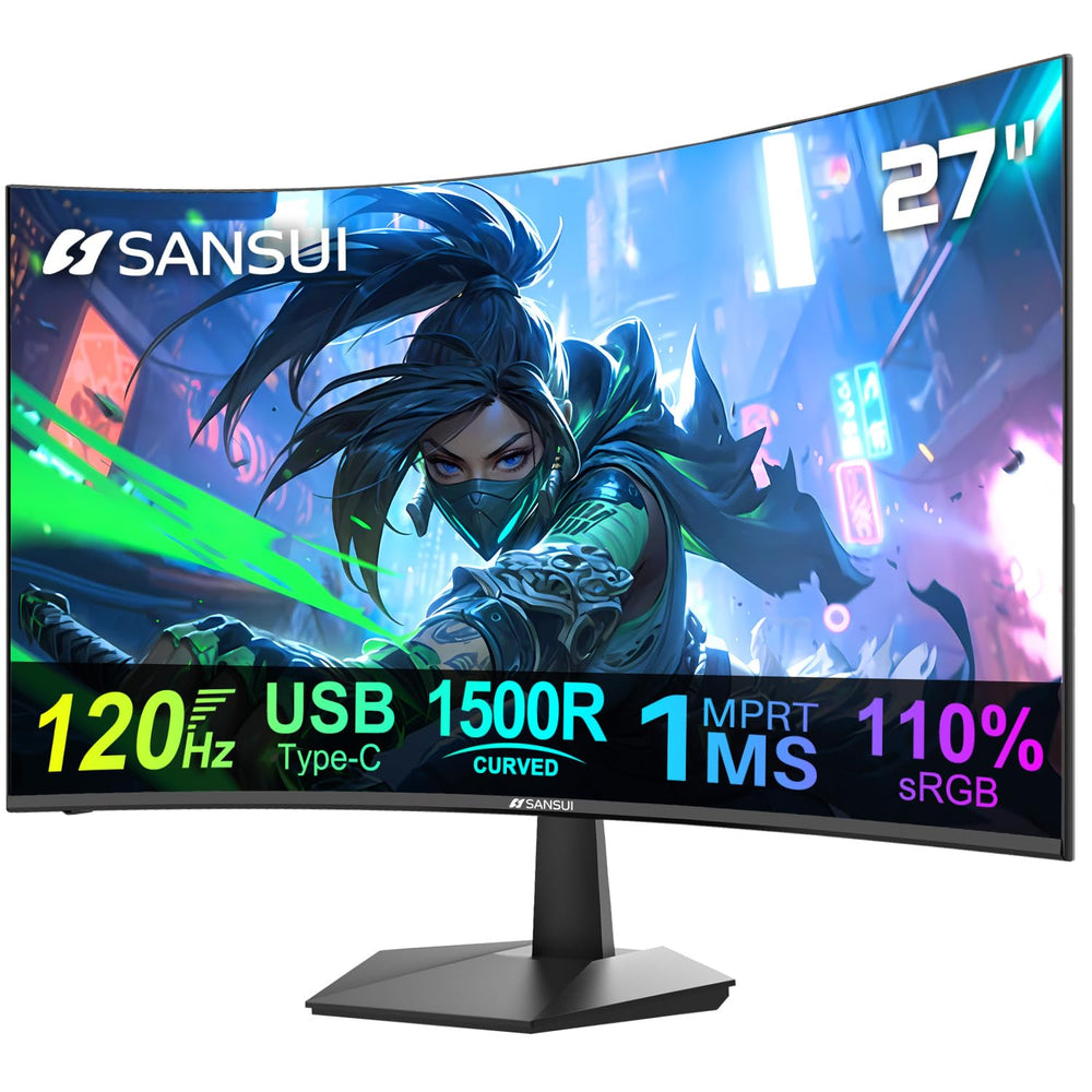 SANSUI front view of curved 27 inch monitor showing immersive display and smooth edges