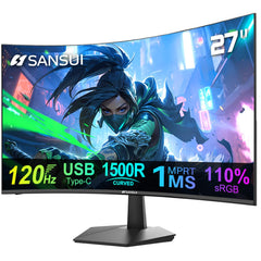 SANSUI front view of curved 27 inch monitor showing immersive display and smooth edges