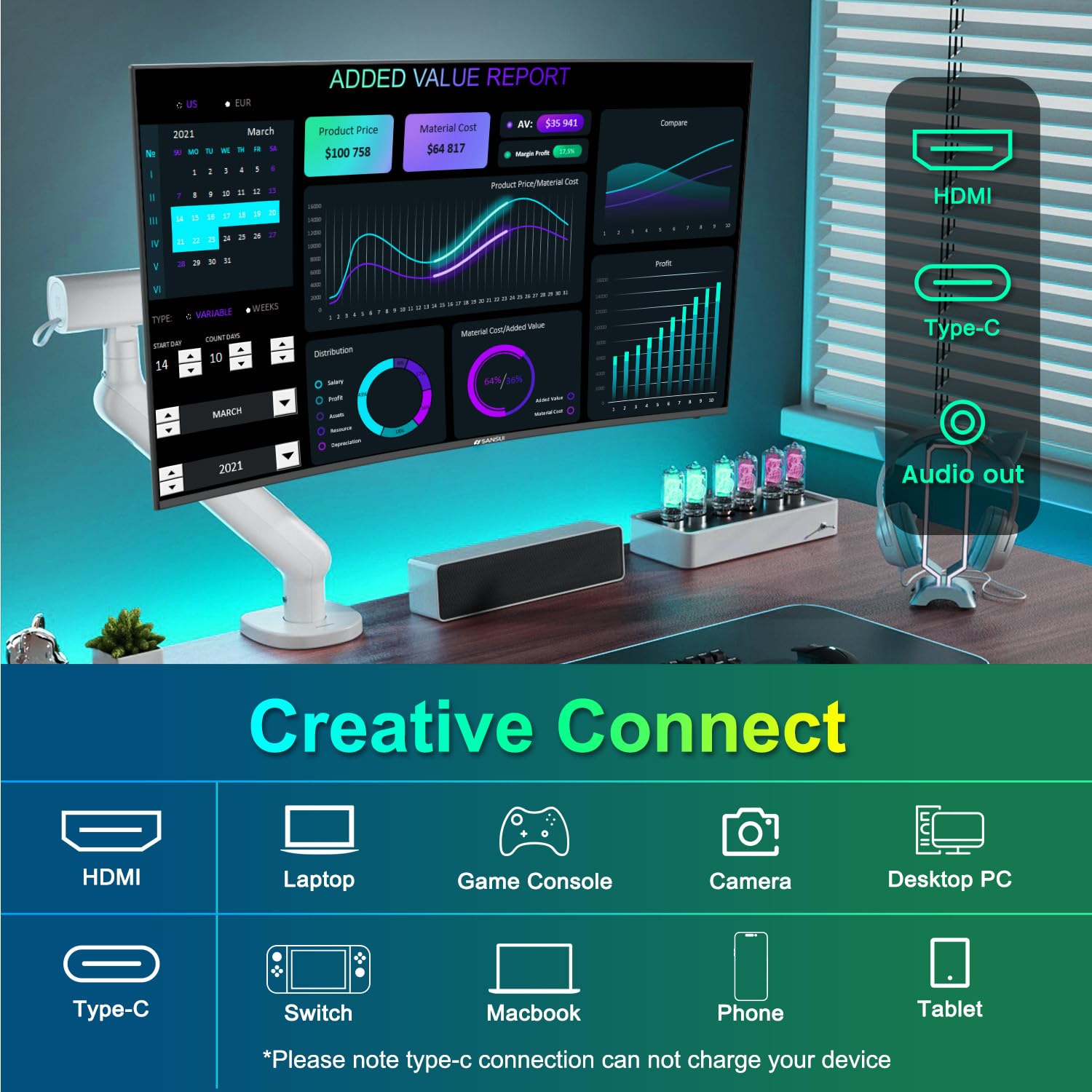 SANSUI curved screen placed in room to enhance immersion and reduce eye strain