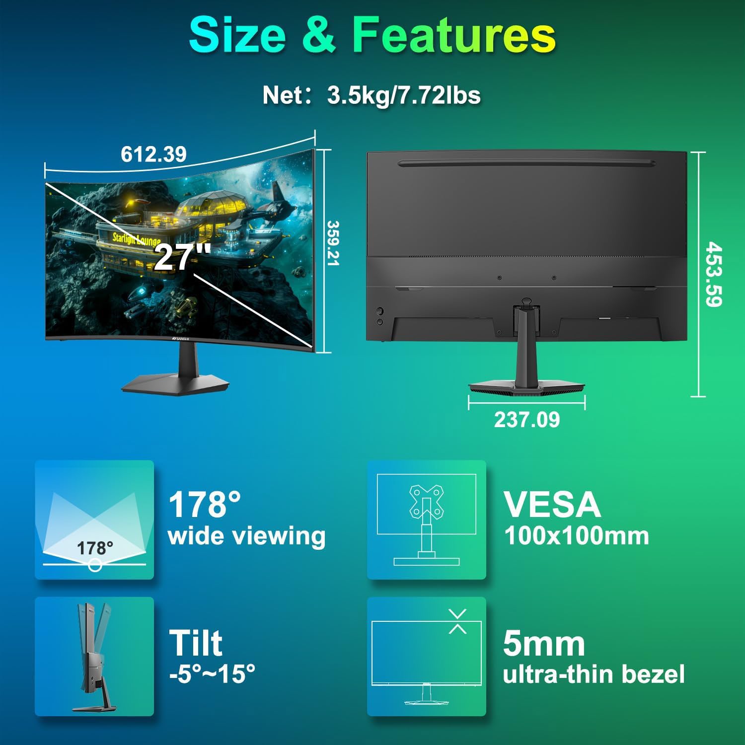 SANSUI rear view with VESA mount pattern for wall or arm installation flexibility