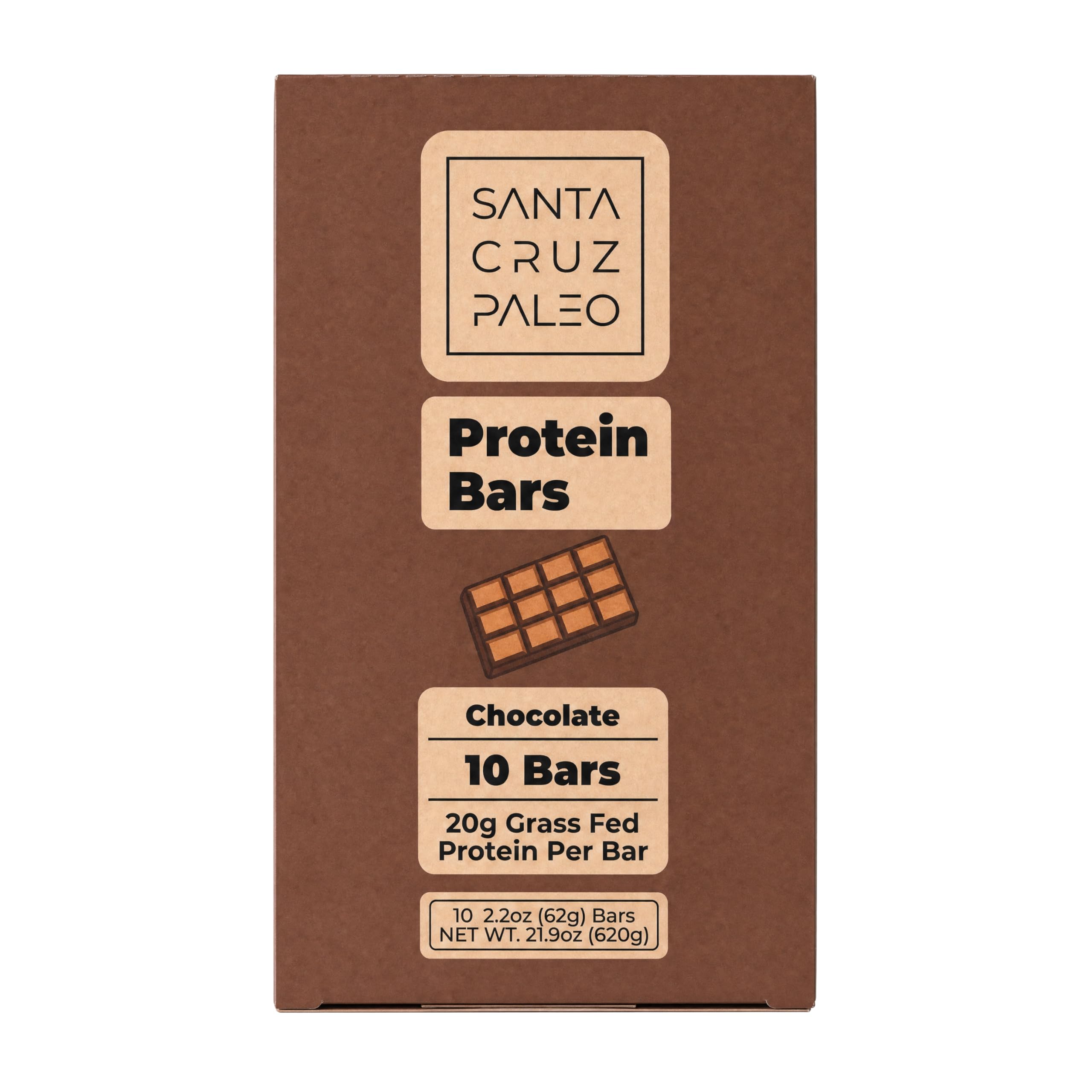 Santa Cruz Paleo front packaging showing pack of ten and chocolate flavor benefit: clear product info