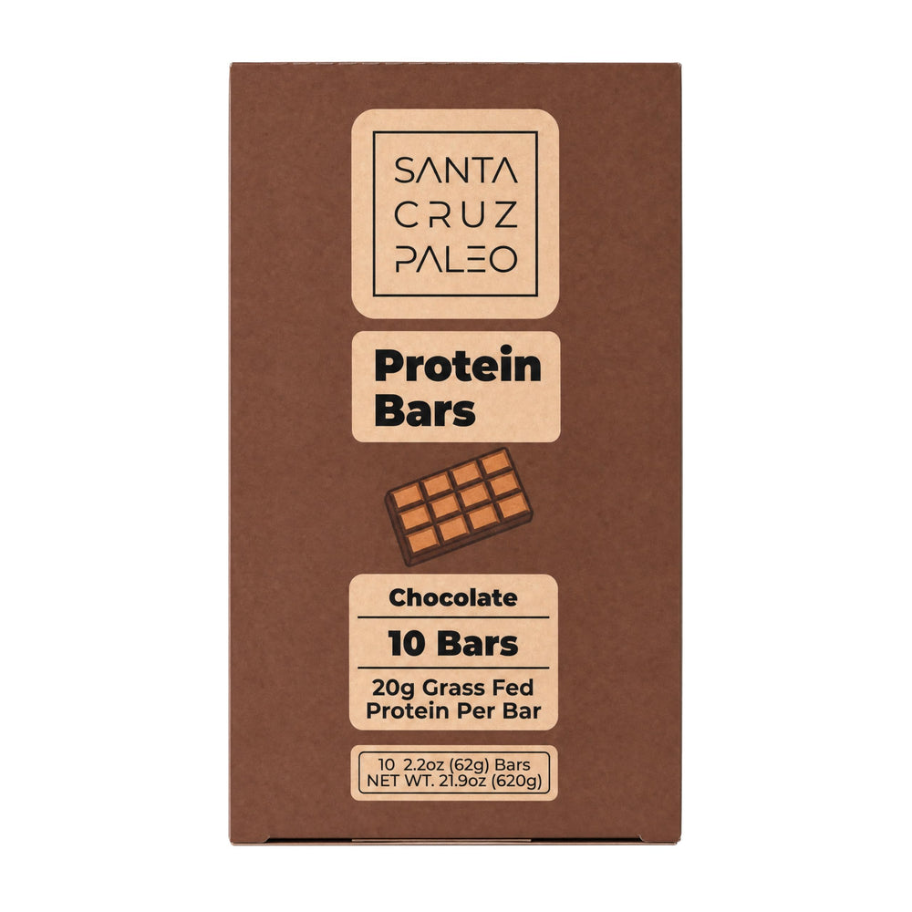 Santa Cruz Paleo front packaging showing pack of ten and chocolate flavor benefit: clear product info