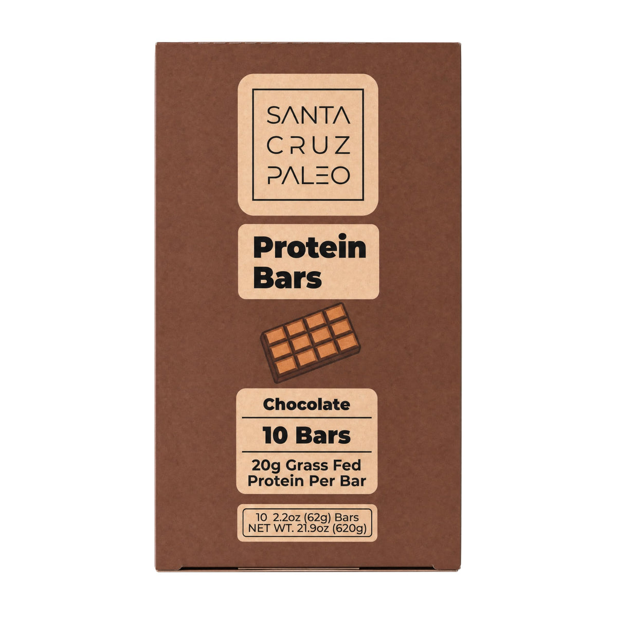 Santa Cruz Paleo front packaging showing pack of ten and chocolate flavor benefit: clear product info