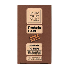 Santa Cruz Paleo front packaging showing pack of ten and chocolate flavor benefit: clear product info