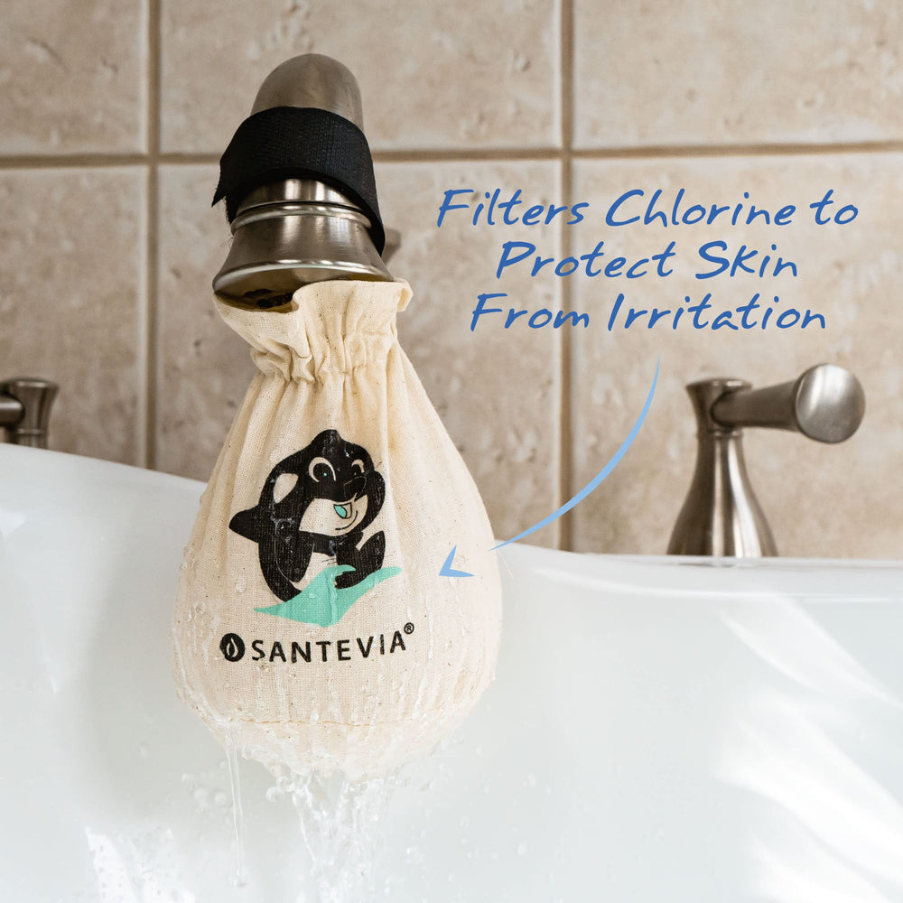 Santevia filter in use with running bath water showing softer rinse