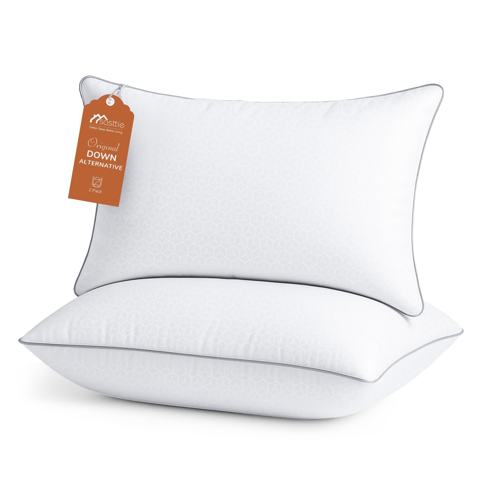Sasttie vista frontal pack de dos almohadas Queen, apariencia hotelera y confort